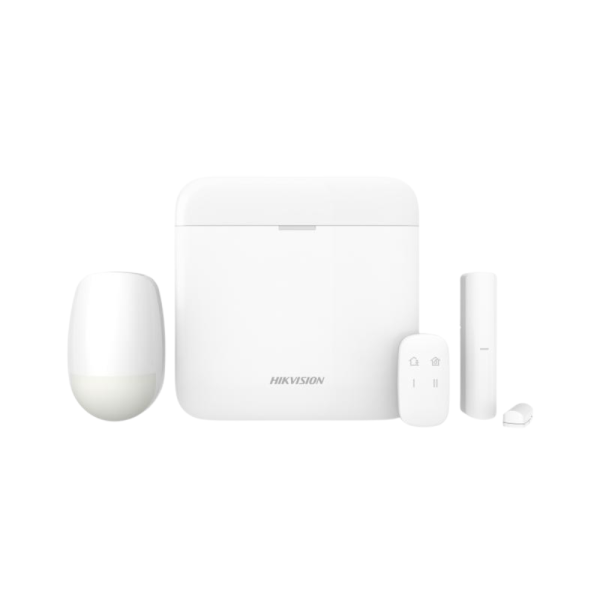 Hikvision DS-PWA64-Kit-WE AX PRO wireless alarm kit with control panel, keyfob, PIR motion detector, and magnetic contact sensor, ideal for Durban security solutions CCTV KZN Hikvision Wireless Alarm Kit